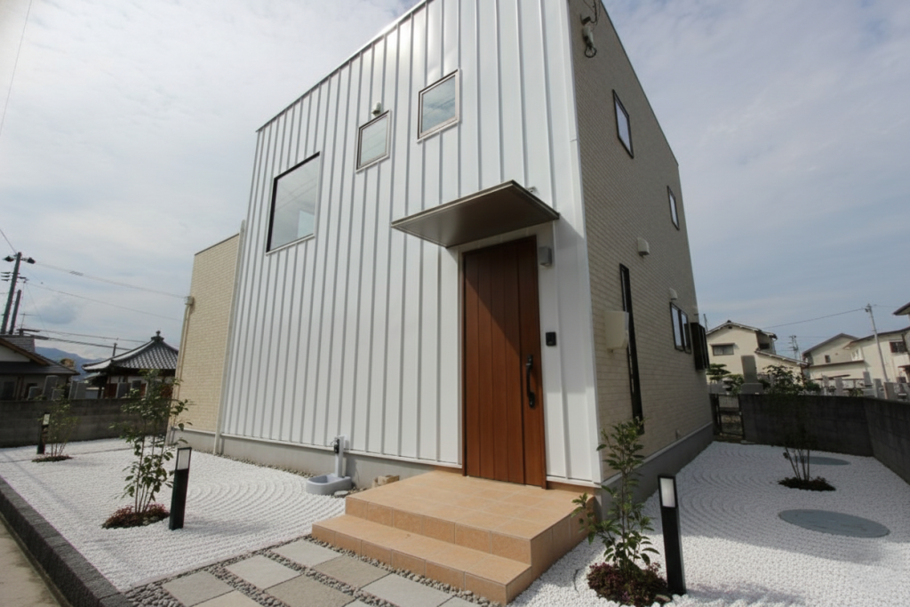 アースハウジング株式会社 一級建築士事務所 正面外壁ガルバがまぶしい、こだわり楽しみプラスしたお家！