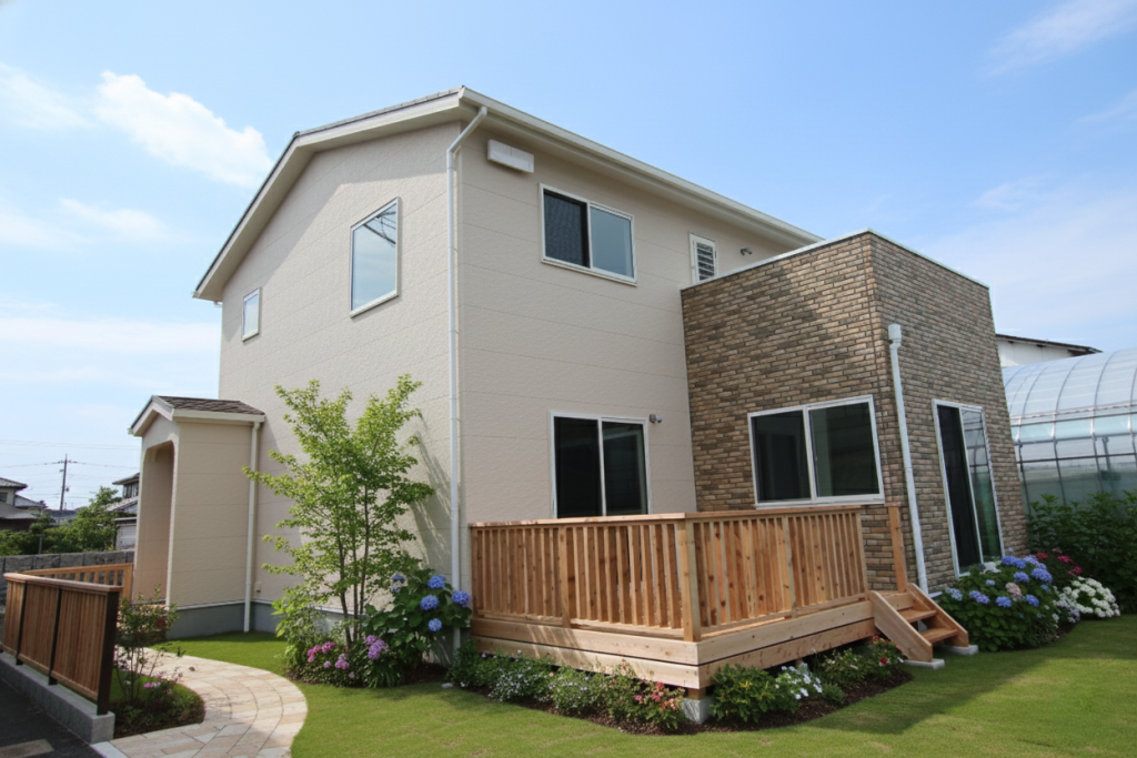 アースハウジング株式会社 一級建築士事務所 庭とウッドデッキでつながる、心地よい住まい