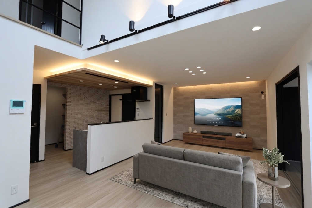 アースハウジング株式会社 一級建築士事務所 吹き抜けが光を届ける、上質なリビングのある家